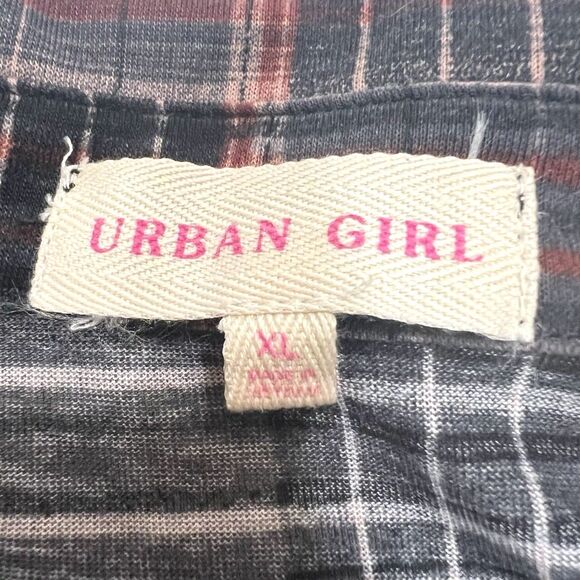 Urban Girl Plaid Shirt XL Brown Burgundy Button Up Y2K Fall Layering Grunge - Picture 3 of 10